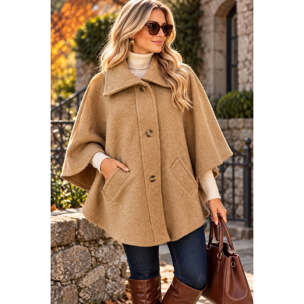 Boyne Valley Weavers Tan Lambswool Herringbone Cape Coat Made in Ireland Medium